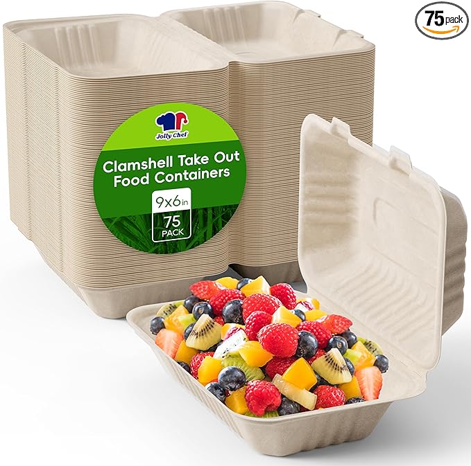 JOLLY CHEF Clamshell Take Out Food Containers, [75-Pack 9 * 6" ] To Go Containers Disposable, 100% Compostable Sugarcane To Go Boxes for Salad,Lunch