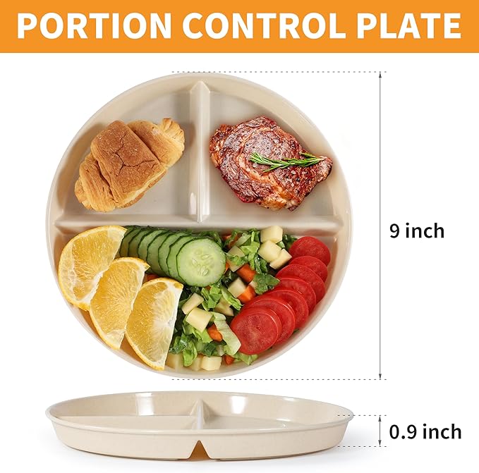 9" Unbreakable Divided Plates (8 PCS). Microwave & Dishwasher Safe! For kids & adults. Wheat straw, BPA - free. Portion control for health/weight loss. 3 -compartment, durable & smooth.