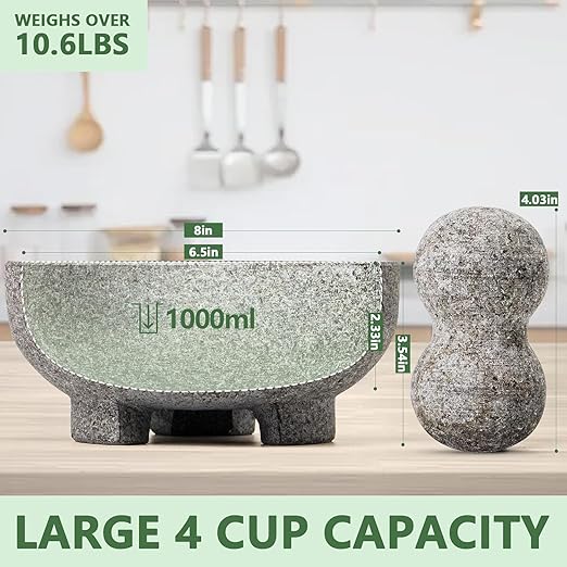 Luvan Large Mortar and Pestle Set,4 Cups Unpolished Granite Natural Stone Grinder Bowl for Molcajete Guacamole Bowl Crushing/Mexicano Guacamole,Spices Grinder,Herb Crusher,Salsa Pesto-8IN/Gray