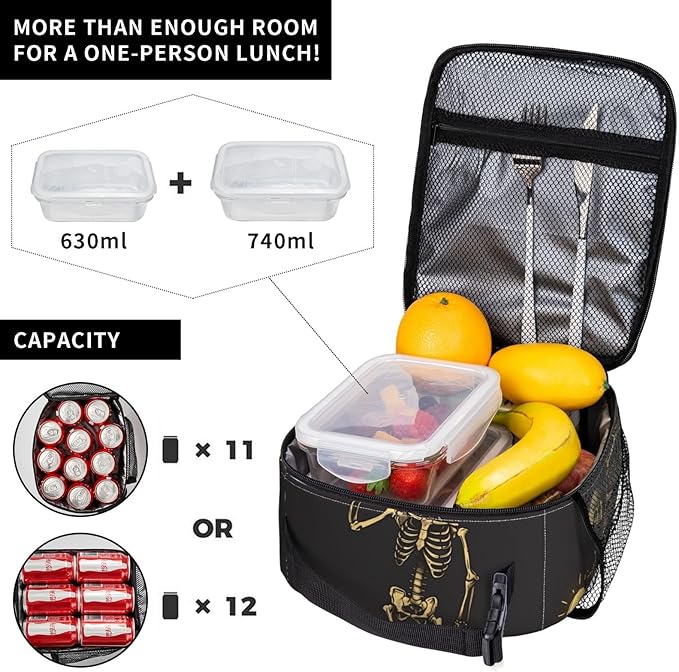 Insulated Lunch Box for Kids Boys Girls, Reusable Lunch Bag for School, Office, Work, Picnic, Travel, Skeleton Lunch Box