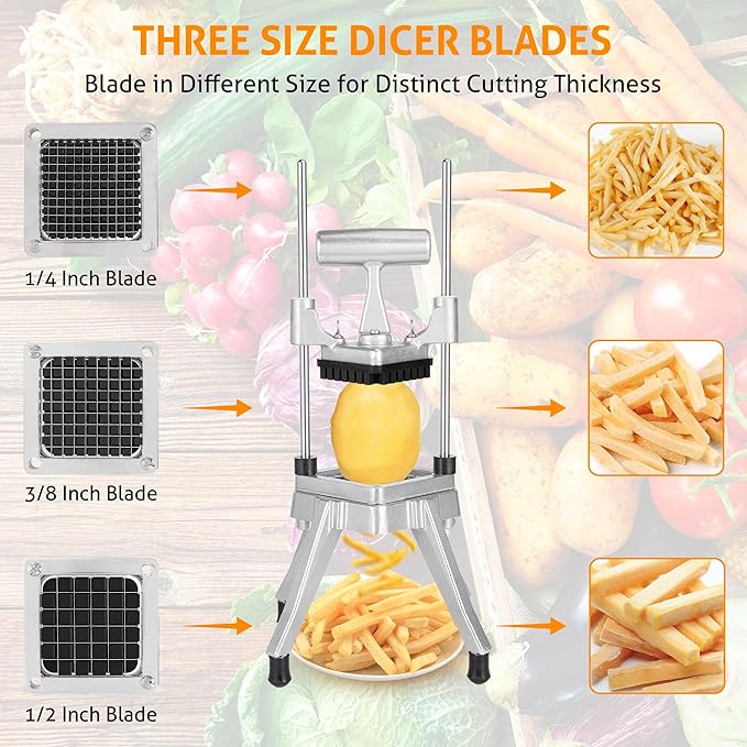 WICHEMI Commercial Vegetable Chopper Dicer w/3 Replacement Blades Onion Chopper Dicer Commercial Heavy Duty Vegetable Fruit Chopper Stainless Steel French Fry Cutter for Home Kitchen & Restaurant Use