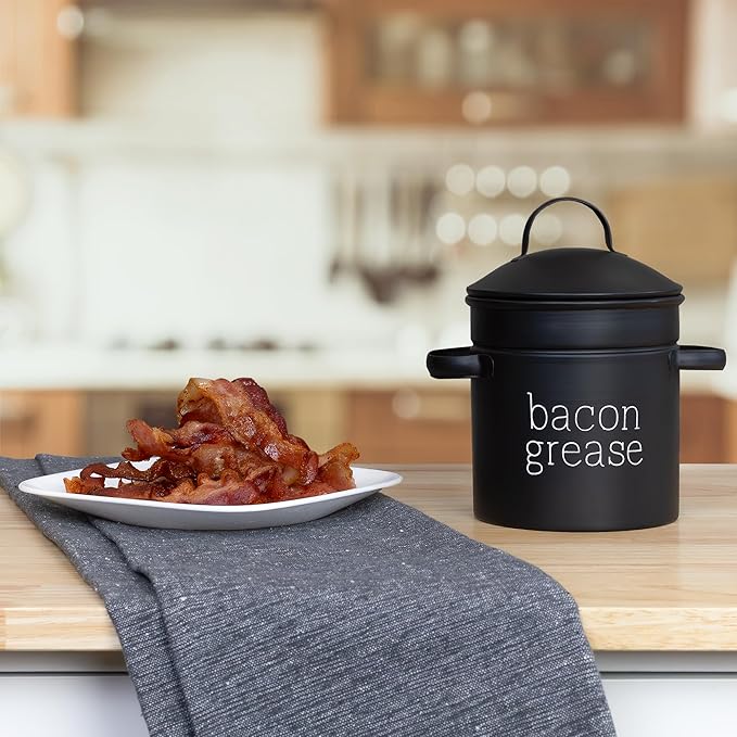 AuldHome Design Farmhouse Bacon Grease Container (Black), Enamelware Bacon Grease Can w/ Strainer, Vintage Style, Keto-Friendly