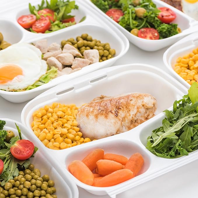Freshware Clamshell Food Containers with Lids [8x8] 3-Compartment 50-Pack, Disposable To Go Containers, Biodegradable Sugarcane To Go Boxes - Paper Containers - Microwave & Freezer Safe, Stackable