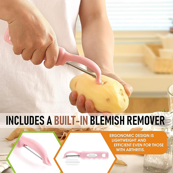 Spring Chef Premium Swivel Vegetable Peeler, Pink Lemonade & Stainless Steel Magnetic Measuring Cups, Set of 7, Black - 2 Product Bundle