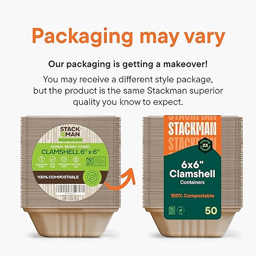 [Case - 500-Pack] 100% Compostable To Go Containers 6x6" Clamshell Take Out Food Container with Hinged Lid - Disposable Togo Plates - Biodegradable Eco-Friendly Takeout Box Made of Sugar Cane Bagasse