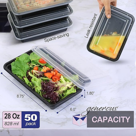 Meal Prep Containers 50 Pack - Food Storage Container with Lids, Resturaunt Take-Out Container, Durable & Airtight, Microwave & Freezer Safe for Freshness, Convenience & Organization (28oz -50 Pack)
