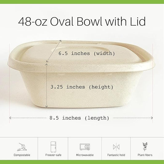Disposable 48oz Food Containers with Lids (200 Bowls + 200 Lids) Eco-Friendly Biodegradable Bamboo & Sugarcane, Sturdy & Leak Resistant, Freezer & Microwave Safe for Hot & Cold (48 oz)