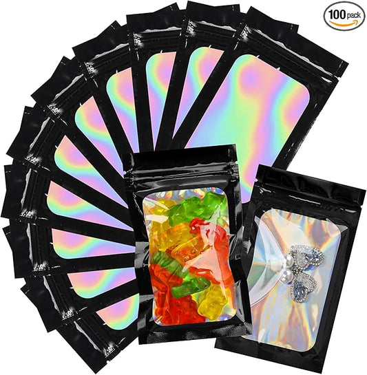 100 Pcs Holographic Bags Black Mylar Bags with Clear Window Packaging Bags for Food Storage Sealable Bags for Small Business(3×5Inch)