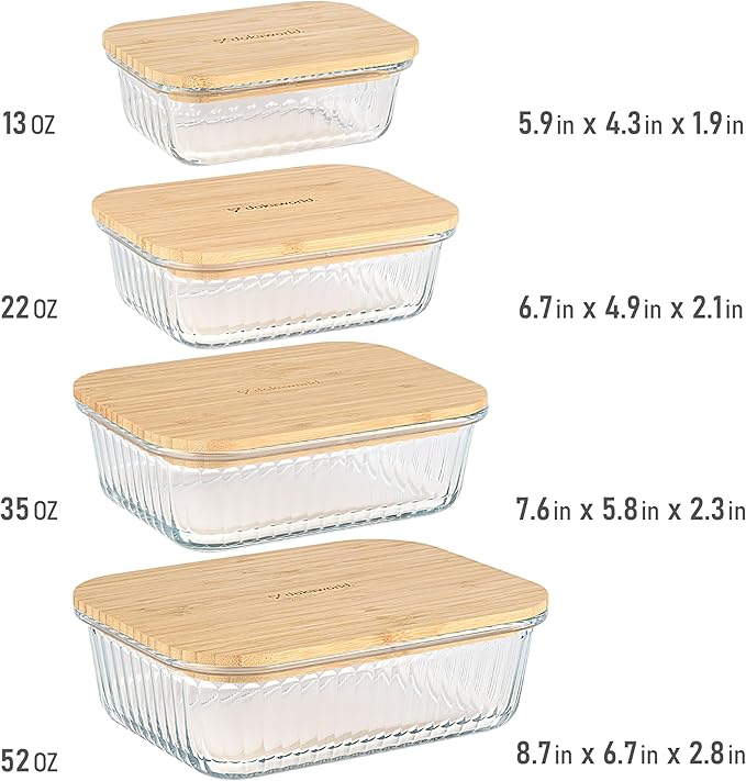 Set of 4 Stackable Space-Saving Nesting Glass Containers with Airtight Bamboo Lids - Lunch, Meal & Food Prep - Microwave & Oven Safe BPA Free Durable Heat Resistant Inert Borosilicate Glass