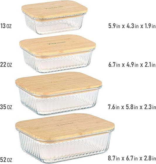 Set of 4 Stackable Space-Saving Nesting Glass Containers with Airtight Bamboo Lids - Lunch, Meal & Food Prep - Microwave & Oven Safe BPA Free Durable Heat Resistant Inert Borosilicate Glass