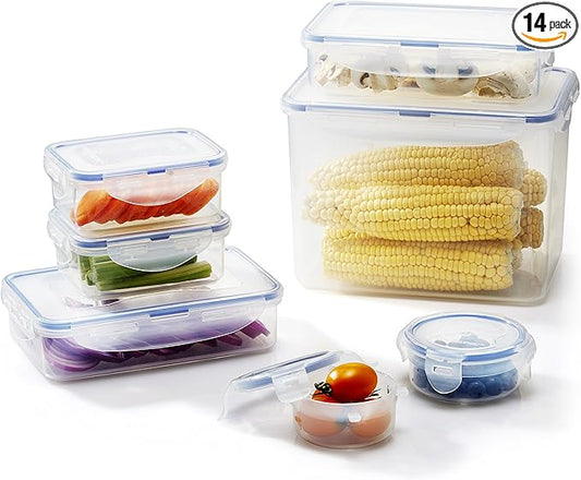 LOCK & LOCK Easy Essentials Food Storage lids/Airtight Plastic, containers, BPA Free, 14-Piece, Clear