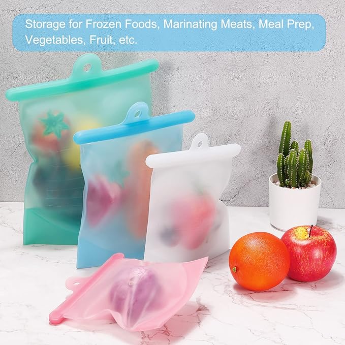 Reusable Silicone Food Storage Bags 3Pcs, Reusable Freezer Bags, Leakproof Reusable Storage Bags for Meats Fruits Veggies-Pink+White+Blue