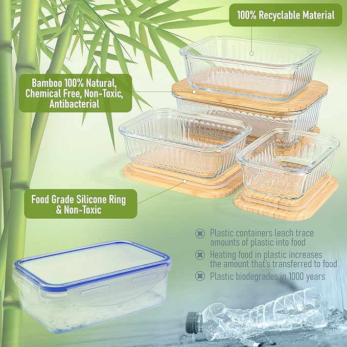 Set of 4 Stackable Space-Saving Nesting Glass Containers with Airtight Bamboo Lids - Lunch, Meal & Food Prep - Microwave & Oven Safe BPA Free Durable Heat Resistant Inert Borosilicate Glass
