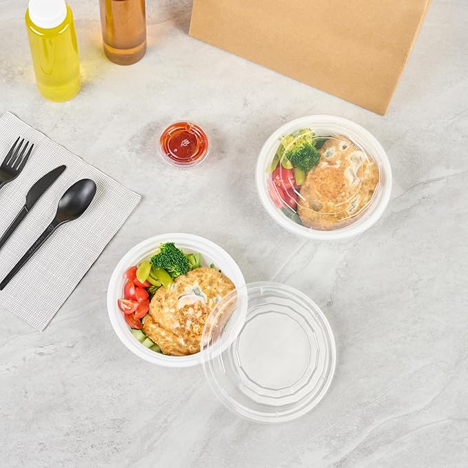 Restaurantware Asporto 16 Ounce To Go Boxes 100 Microwavable Take Out Food Containers - Clear Plastic Lids Included Do Not Contain BPA White Plastic Catering Food Containers Disposable Round