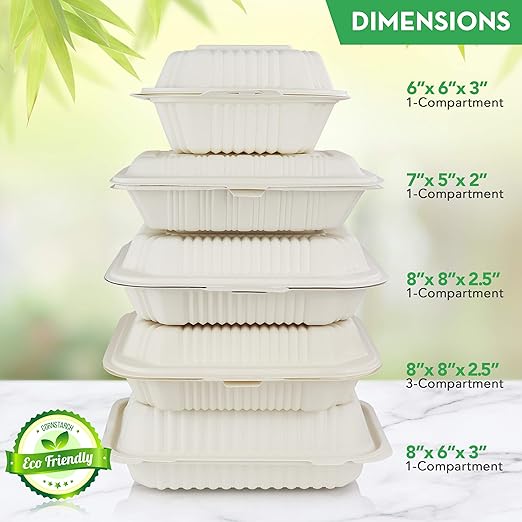 [100 Count] Eco Friendly To Go Containers (8" x 8", 1-Compartment) - Non Soggy, Leak Proof, Disposable To Go Boxes Made From Cornstarch - Microwave Safe and Ideal for Take Out Food Containers, Leftovers, Lunches