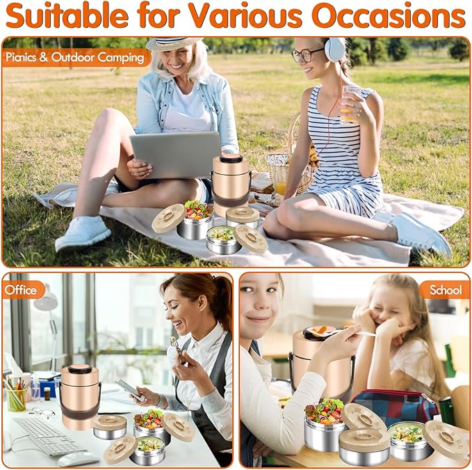 3-Layer Insulated Lunch Box for Men, Soup Thermos, Adult Leakproof Insulated Hot Food Jar Container, Stainless Steel Thermal Bento Box Lunch Bag Cutlery for Office Construction Worker Trucker Picnic
