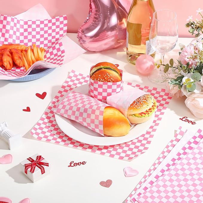 1000 Sheets Wax Deli Paper Sheets for Food 12 x 12 Inch Checkered Dry Waxed Deli Basket Liners for Sandwich Wrapping, Food Basket Liners, Picnic party(Pink-white)