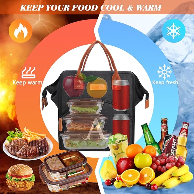 Personalized Lunch Box for Women, Initial Reusable Insulated Lunch Bag, Wide-Open Adult Lunchbox Cooler Lunchbag Snack Organizer, Initial Leakproof Lunch Tote Bag for Picnic Work Outdoors Black -B