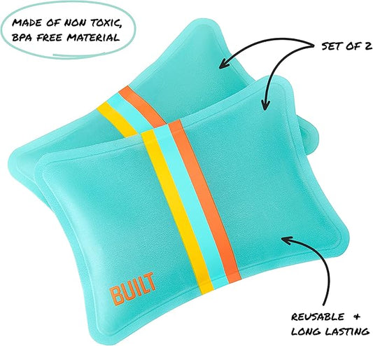 BUILT Curve Soft Ice Packs Set of 2, Freezable, Reusable, Slim, Long-Lasting, for Lunch Bags, Blue Cockatoo with Stripes
