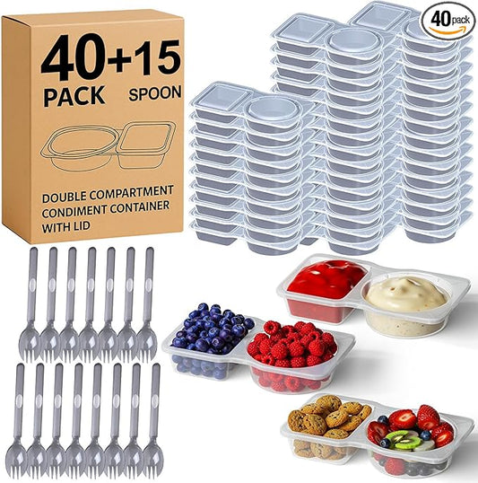 40-Pack Reusable Snack Containers with Lids, Double Compartment Condiment Cups with 15 Spoons, BPA-Free, Leak-Proof, Microwave & Dishwasher Safe, Mini Portion Control Snack Boxes for Takeout