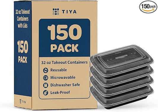 TIYA Takeout Food Containers - 32 oz Bulk 150 Pack with Lids - Rectangular Plastic To-Go Containers - Reusable, Microwavable, Dishwasher Safe - Leak-Proof for Meal Prep & Restaurants - BPA-Free