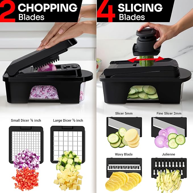 Mueller ULTIMATE 12 Blade Vegetable Chopper, Mandoline Slicer and Spiralizer, Dicer, Grater, Kitchen Essentials & Accessories, Black