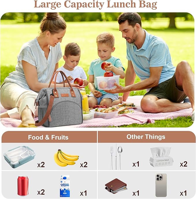 LOKASS Lunch Bag Insulated Lunch Box Wide-Open Lunch Tote Bag Large Drinks Holder Durable Nylon Snacks Organizer with Removable Shoulder Strap for Women Men Adults Work Outdoor,Grey