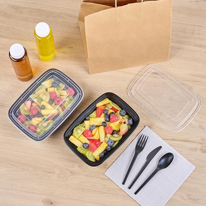 Asporto 38 Ounce Take Out Containers, 100 Food Containers With Lids - Microwavable, Disposable, Black Plastic To Go Food Containers, No BPA, For Take Out And Delivery - Restaurantware