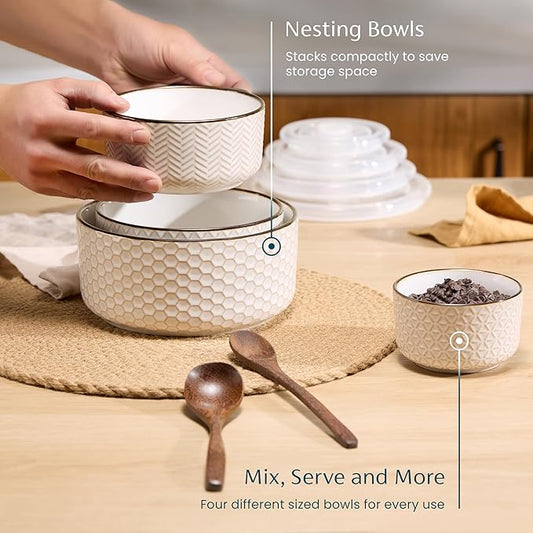 KooK Ceramic Nesting Bowls, with Lids, Serving, Set of 4, Embossed, Kitchen, Prep, Mix, Gift, Microwave and Dishwasher Safe, 10/16/29/47 oz, Narbonne Collection (Ivory)
