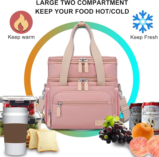 Weitars Lunch Bag for Women, Loncheras Para Mujer, Leakproof Insulated Large Lunchbox Dual Compartment Lunch Box Adult For Work Beach Picnic Hiking (15L) (Pink)