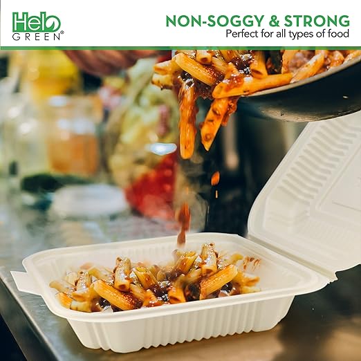 [100 Count] Eco Friendly To Go Containers (8" x 8", 1-Compartment) - Non Soggy, Leak Proof, Disposable To Go Boxes Made From Cornstarch - Microwave Safe and Ideal for Take Out Food Containers, Leftovers, Lunches