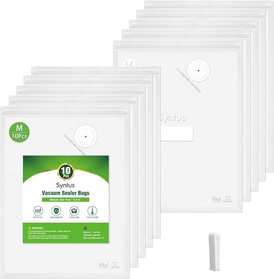 [2025 Upgraded] Syntus Vacuum Sealer Bags for Food, 10 Pcs Medium Size 10" x 13.8" Food Storage Bags for Sous Vide Cooking Microwave Heating, Air Valve Zipper Bags & Zip Clips