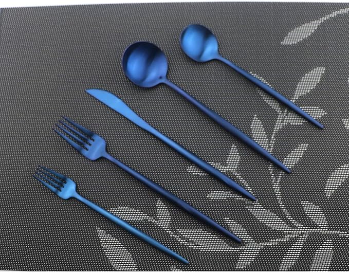 Iridescent Blue Flatware 10 Pieces Tableware Set Cutlery Set Dinnerware Anti-rust Utensil Set,Salad Spoons Knives and Dessert Forks, Silverware Service for 2