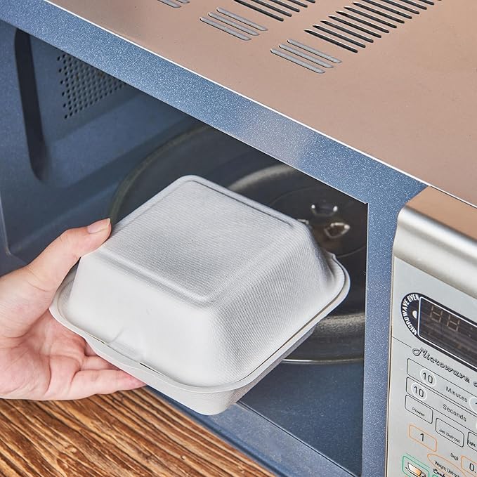 [6X6 1-Compartment 100-Pack Bio Natural Clamshell Take Out Food Containers with Lids, Disposable Bagasse Togo Plates, Eco-Friendly Biodegradable Made of Sugar Cane Fibers