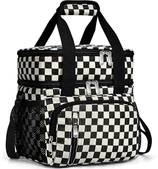 Lunch Box for Women, Double Insulated Lunch Bag Reusable Leakproof Cooler Bag Portable Picnic Food Bag, Adult Lunch Tote Lunch Bag for Work, Office, Travel - Corduroy Black Checkered Pattern