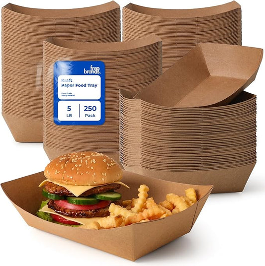 Fit Meal Prep [250 Pack 5 lb Paper Food Boats Heavy Duty Disposable Food Trays, Kraft Brown Nacho Tray for Parties Fairs Picnics Carnivals Holds Tacos Nachos Fries Hot Dogs Grease Resistant