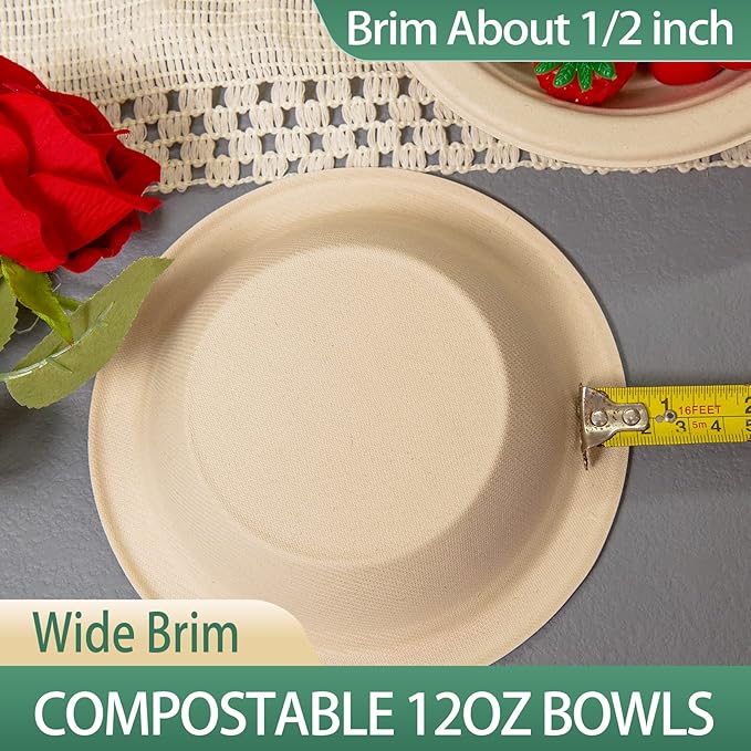 12 oz Compostable Paper Bowls 200pack Heavy-Duty Eco-Friendly Bulk Pack Disposable Bowls Biodegradable Made of Sugar Cane Fibers, Hot or Cold Use