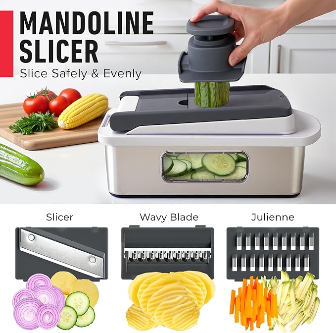 Mueller Pro-Series 10-in-1, 8 Blade Stainless Steel Multi Vegetable Chopper And Mandoline Slicer, Kitchen Accessories and Essentials, Food and Veggie Chopper, Mincer, Dicer, White Sand/Grey