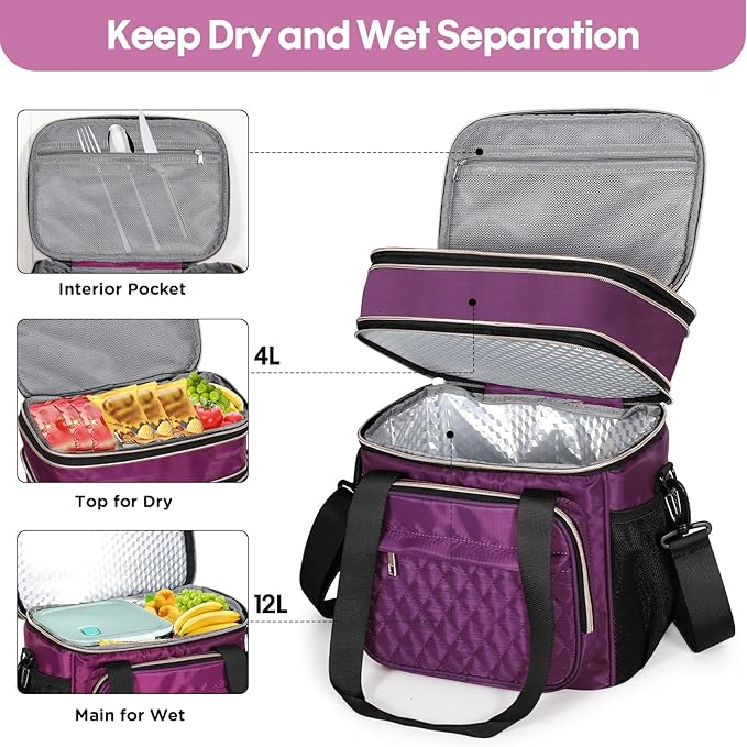 GLENKEY Expandable Insulated Lunch Box, Double Deck Lightweight Large Lunch Bag Tote Leakproof Cooler Bags for Women Adults Work Outdoor Picnic Daytrip, Purple,16L