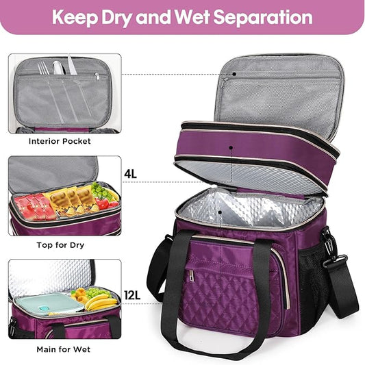 GLENKEY Expandable Insulated Lunch Box, Double Deck Lightweight Large Lunch Bag Tote Leakproof Cooler Bags for Women Adults Work Outdoor Picnic Daytrip, Purple,16L