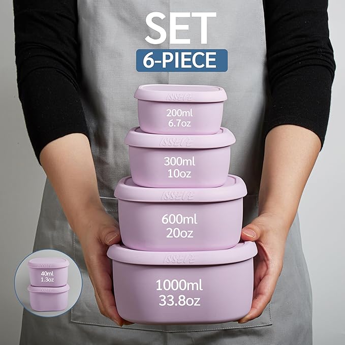 ISSEVE 6Pcs/Set Nesting Silicone Food Storage Containers with Lids, BPA Free Reusable Meal Prep Silicone Containers Lunch Box Bento Box Set (33.8oz, 20oz, 10oz, 6.7oz, 1.3oz) (Purple)