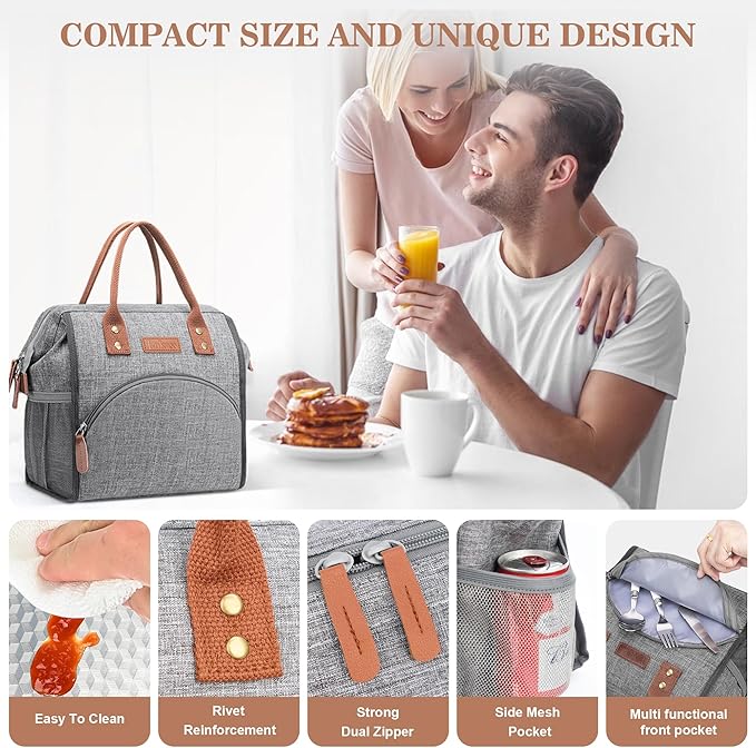 LOKASS Insulated Lunch Bag for Women & Men - Reusable 10 L Lunch Box for Women - Leakproof Tote Cooler Bag for Adults Work, Beach, Travel, Picnic (Grey)