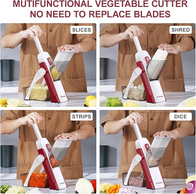 5 in 1 Safe Mandoline Slicer for Kitchen, Safe Vegetable Chopper with Paring Knife, Adjustable Thickness, Easy to Clean, Vegetable Slicer, Slicing, Strips, Shredding, Dicing, Chop (RoseRed)