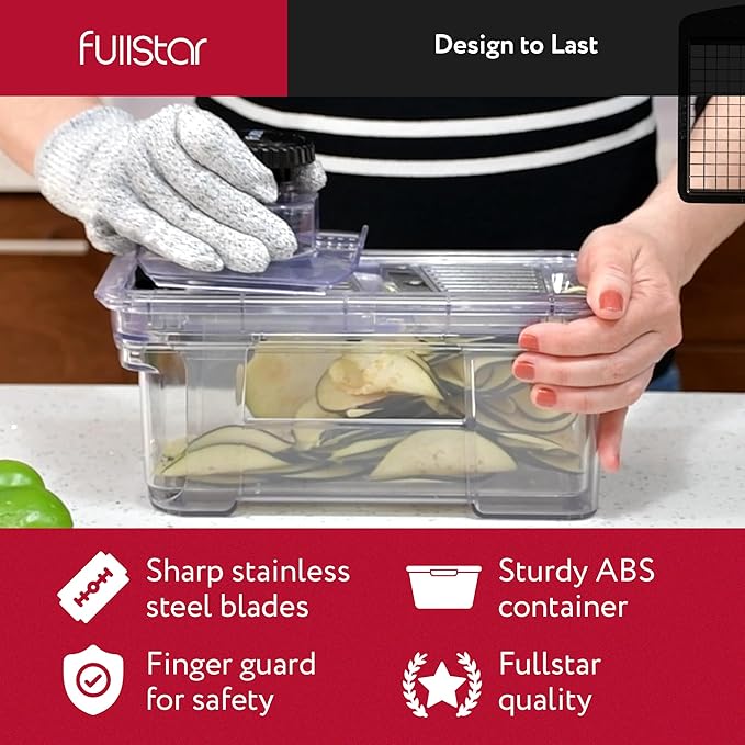 Fullstar All-in-1 Vegetable Chopper and Mandoline Slicer for Kitchen - Cheese Grater, French Fry Cutter, Cheese Slicer - Bonus Handheld Spiralizer Included (6 in 1, Clear)