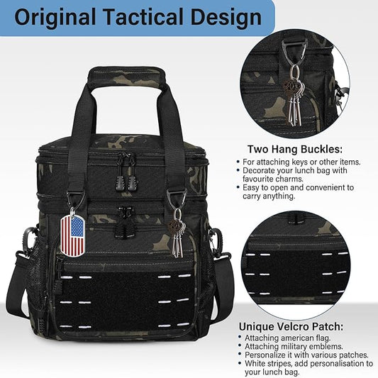 Lunch Box Cooler Bag - Insulated Tactical Lunchbox for Men - Large Lunch Pail Kit for Adults Work Outdoor Shifts Trips Black Camo 25L