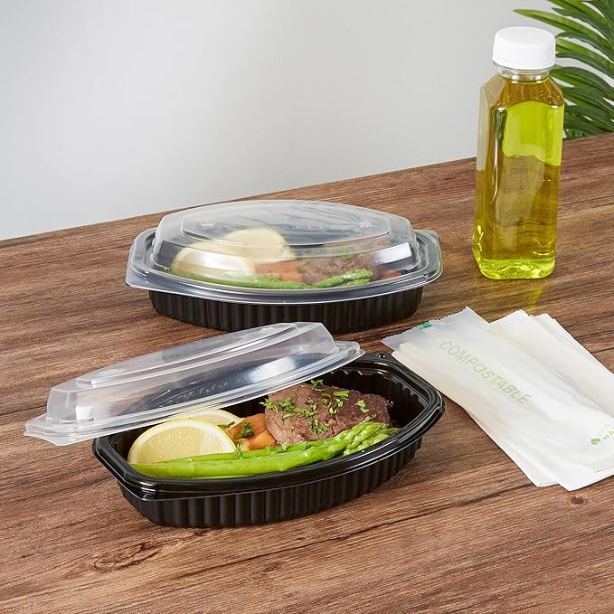 RW Base 16 Ounce Meal Prep Containers, 100 Microwavable To Go Containers With Lids - Disposable, Freezable, Black Plastic Oval Food Containers, Pack Hot And Cold Food, For Takeaway - Restaurantware