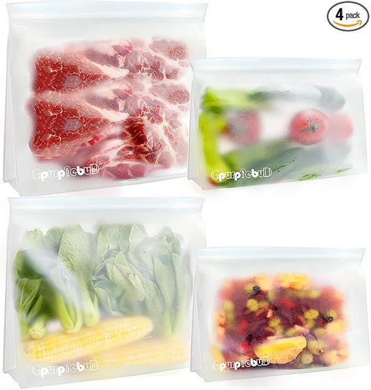 Reusable Freezer Bags, 4 Pack PEVA Material Reusable Storage Bags, Leak proof Reusable Bags Silicone, Plastic Free for Fruit, Marinate Meat, Cereal, Sandwich, Snack, Travel Items