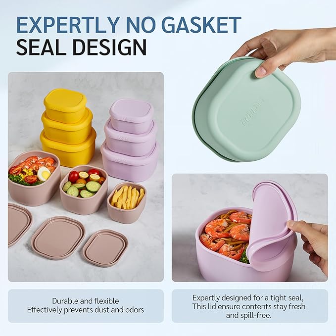 ISSEVE 6Pcs/Set Nesting Silicone Food Storage Containers with Lids, BPA Free Reusable Meal Prep Silicone Containers Lunch Box Bento Box Set (33.8oz, 20oz, 10oz, 6.7oz, 1.3oz) (Purple)