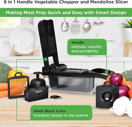 PrepNaturals Vegetable Chopper with Container, Veggie Chopper, Food Chopper & Onion Chopper - Mandoline Slicer for Kitchen (8 in 1, Black)