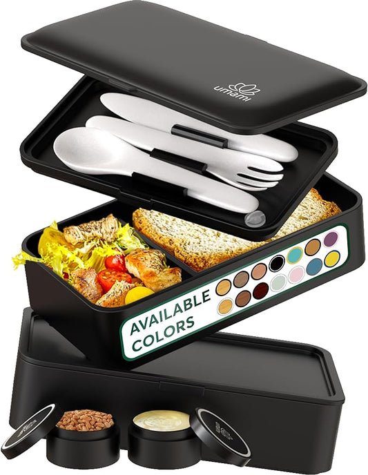 Umami Bento Box Adult All-In-1 w/4 Utensils, 2 Sauce Jars, 2 Dividers, 100% Leakproof, Microwave & Dishwasher Safe, Stackable Bento Lunch Box Containers for Men/Women, Matte Black, 40 oz